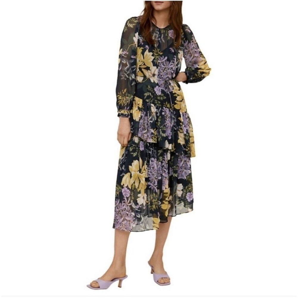 Mango MNG Floral Printed Flowy Long Sleeve Midi Dress Small Sz.4 Asymmetrical